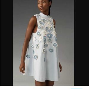 L by Anthropologie Blue Embellished Floral Dresss